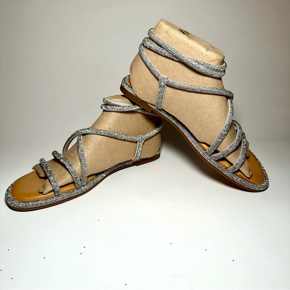 Gianni Bini Beige Suede Gladiator Sandals with Silver Glitter Straps
